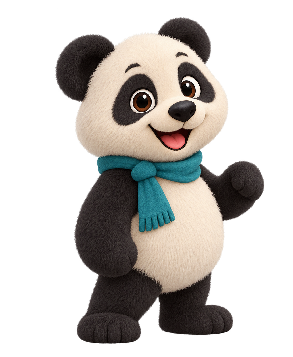 Pandy, the smiling panda with a teal scarf